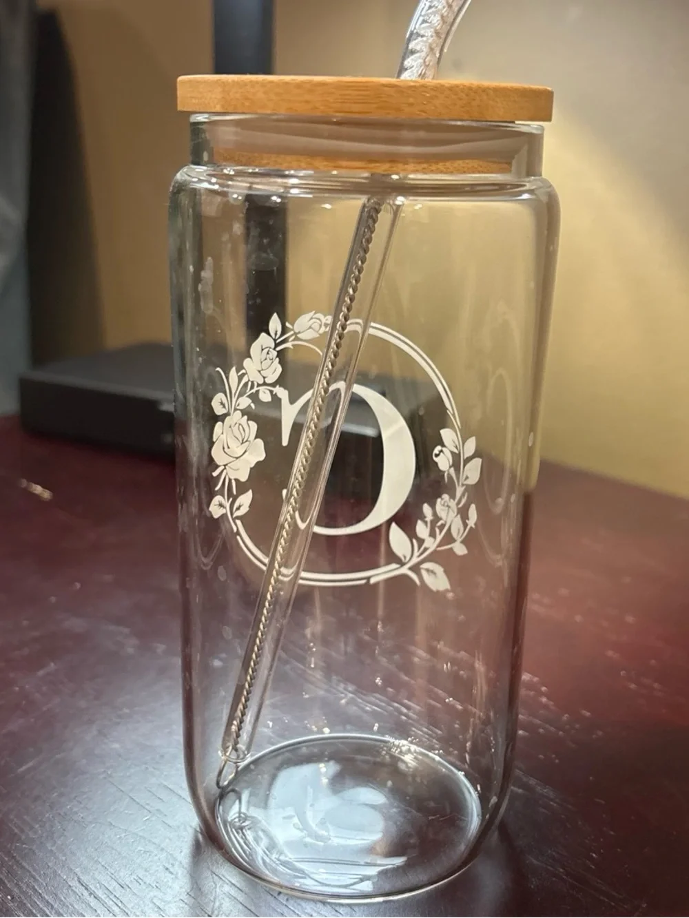 Floral Wreath Glass Tumbler Cup Initial Letter C w/ Bamboo Lid, Straw, & Brush